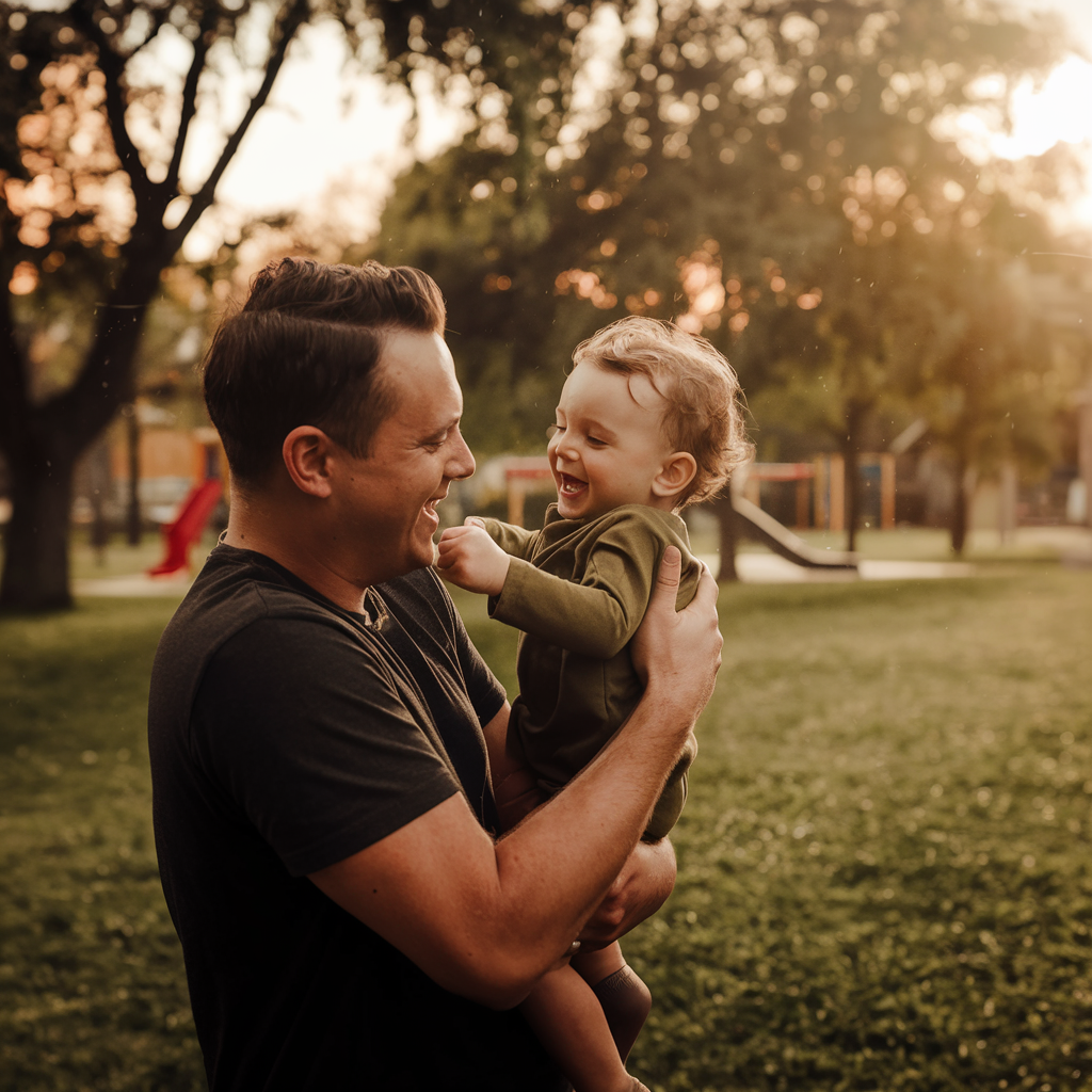 Dad and son in a golden light during sunset